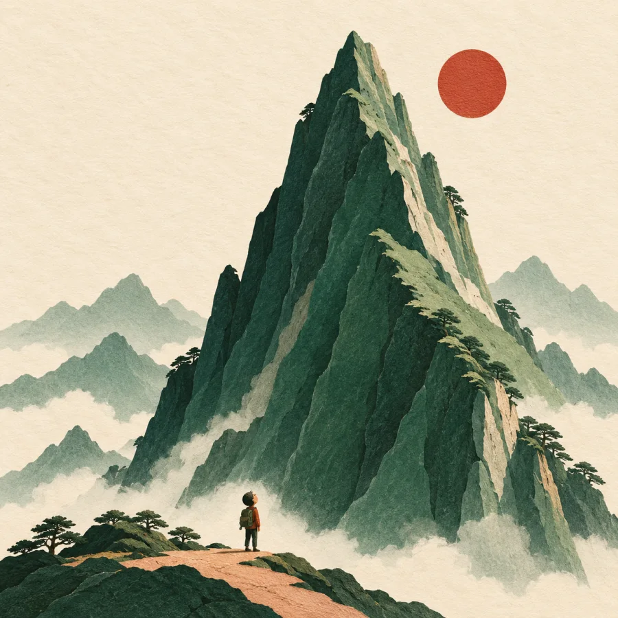 A tiny person at the foot of a huge mountain