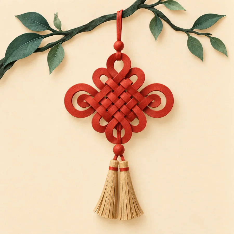 A red knot ornament with tassels hanging from a branch