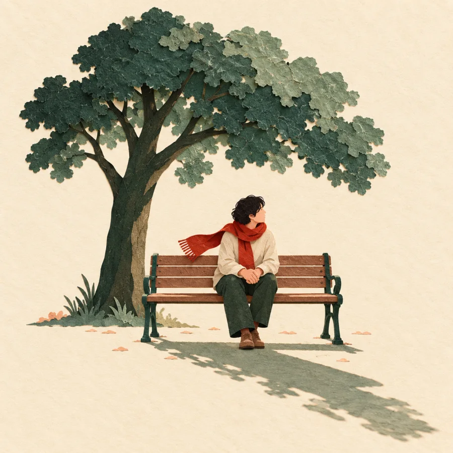 A person sits alone on a bench in an empty park