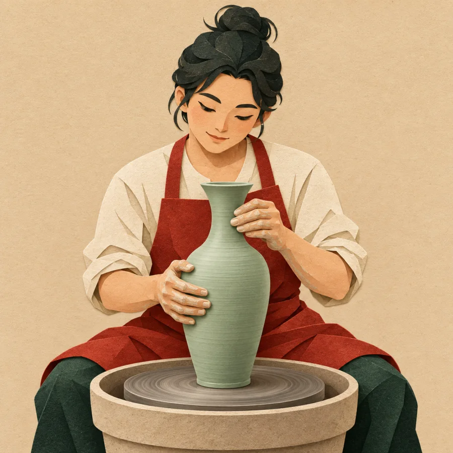 A potter shapes a tall vase on a wheel