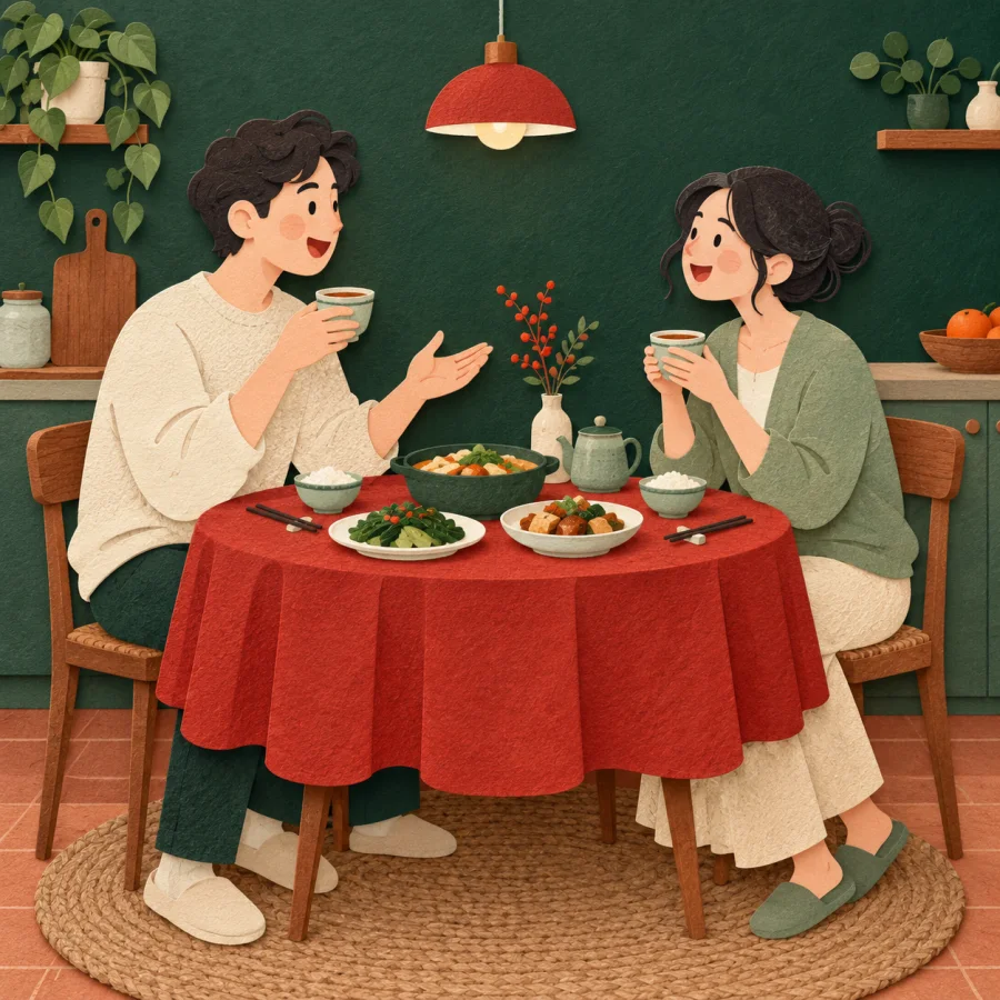 Two people chat over tea at a kitchen table