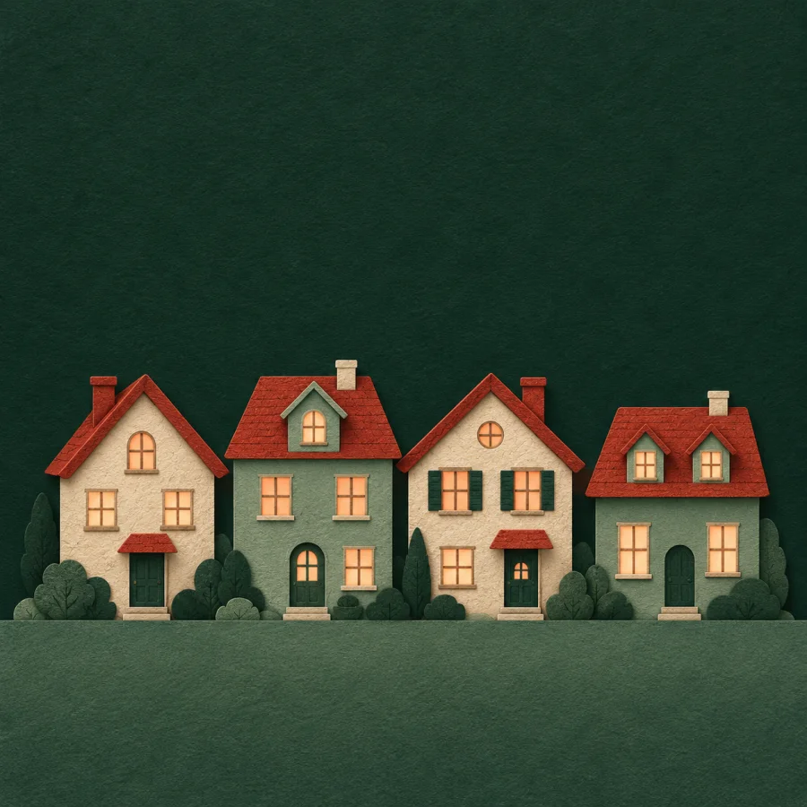 A row of small houses with glowing windows at dusk