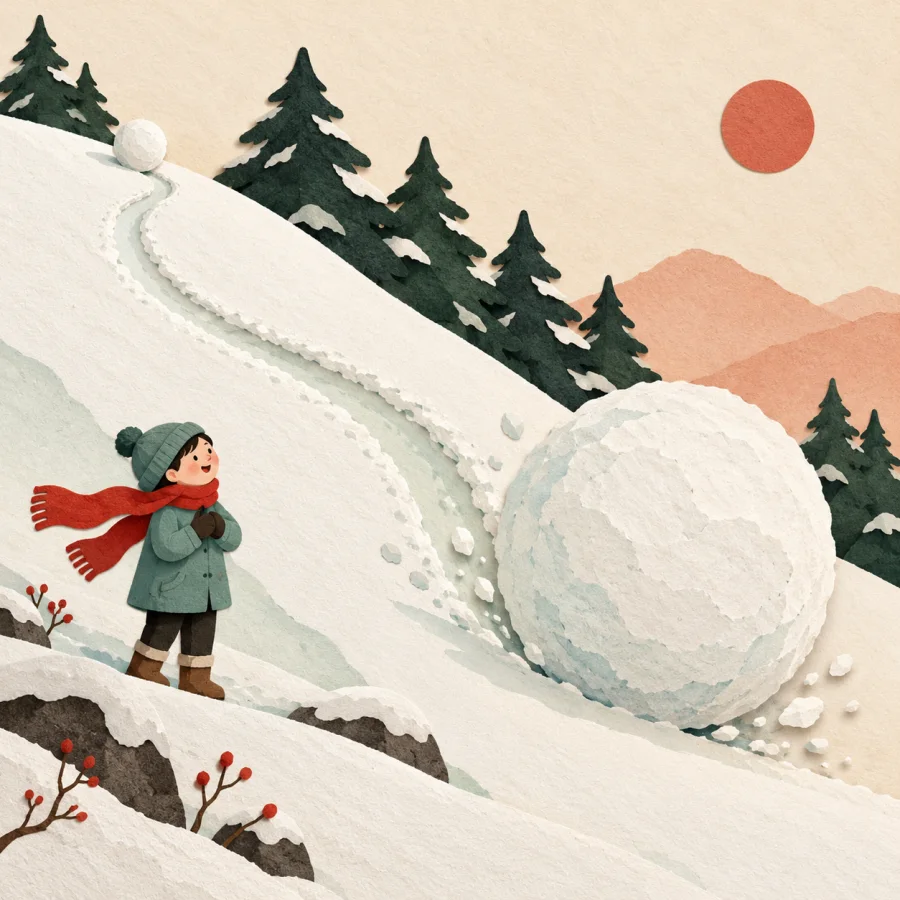 A small snowball at the top and a huge one below