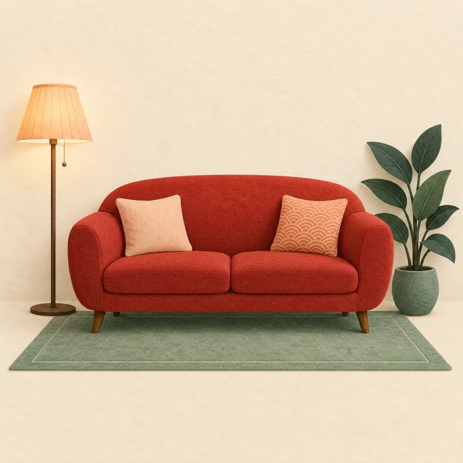 A cosy living room with a sofa, lamp and plant