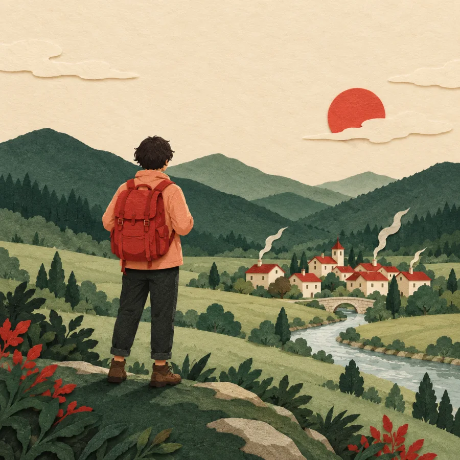 A traveler at the edge of a valley looks at a village