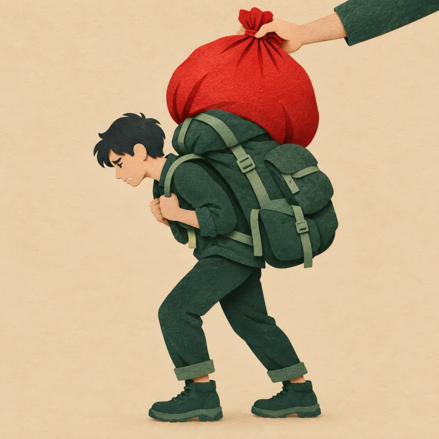 A person bends under a pack as another sack is added