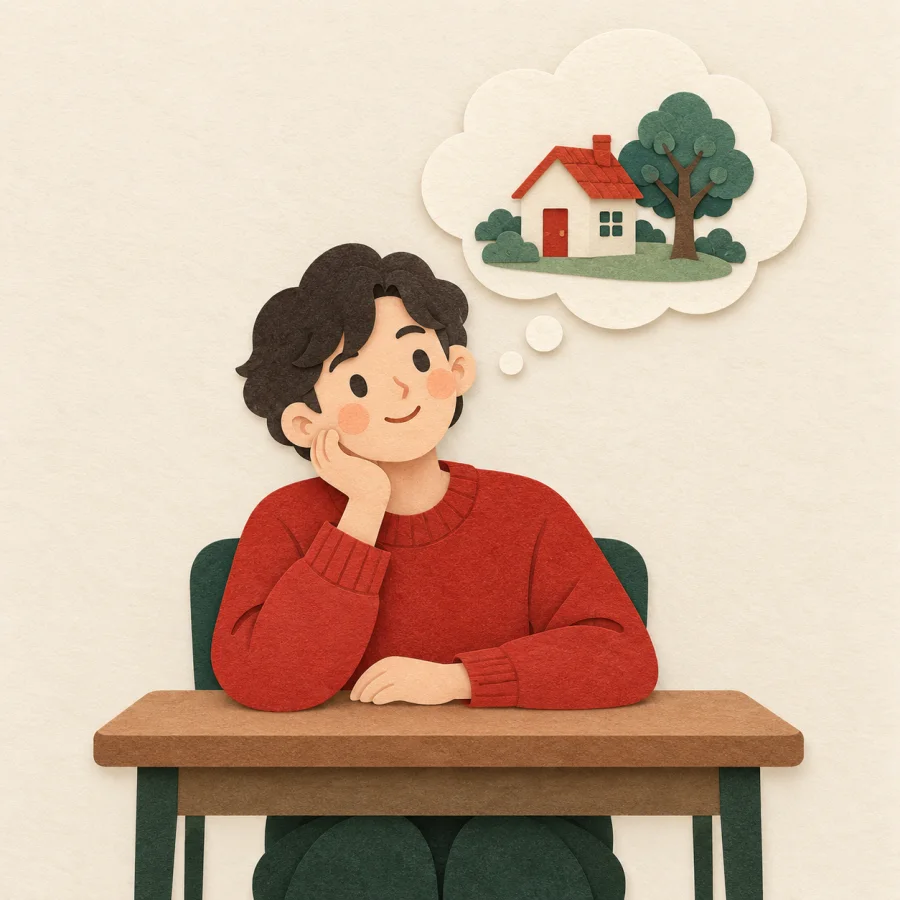 A person at a desk with a thought bubble of a house