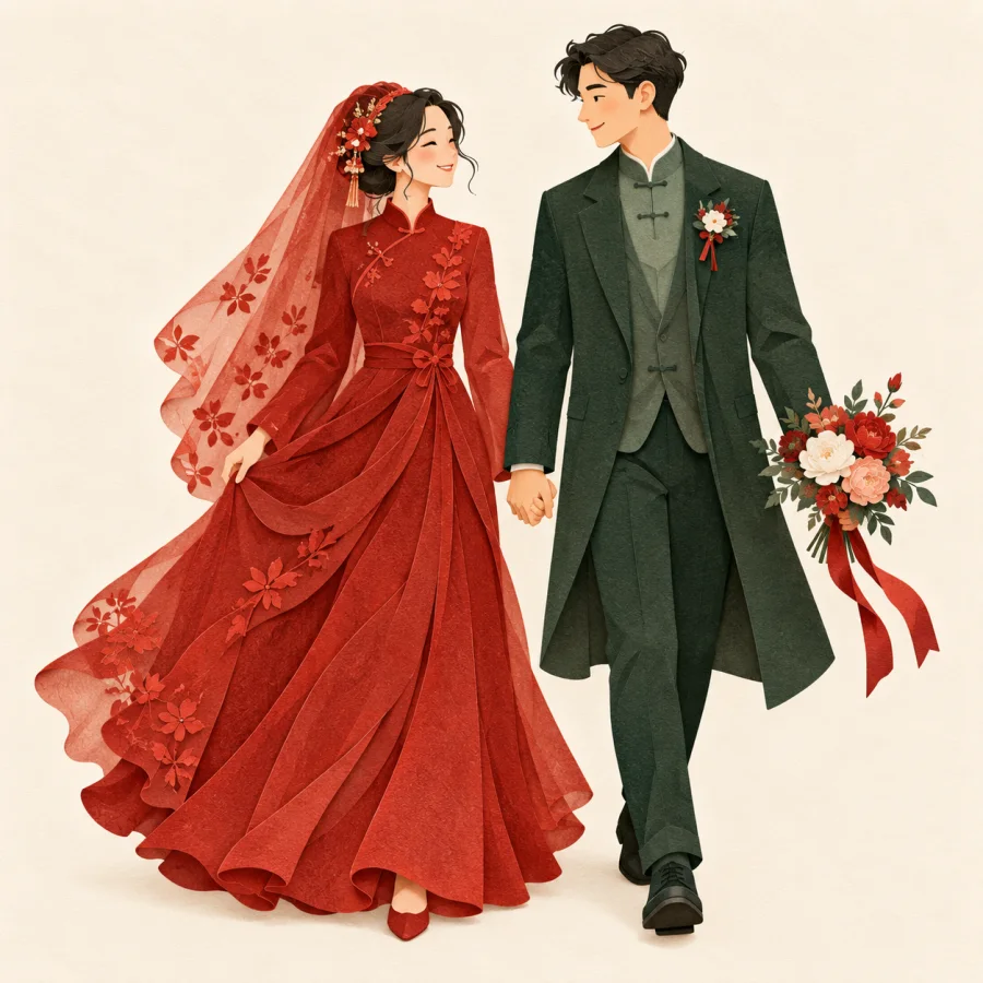 Two people in wedding clothes walk hand in hand