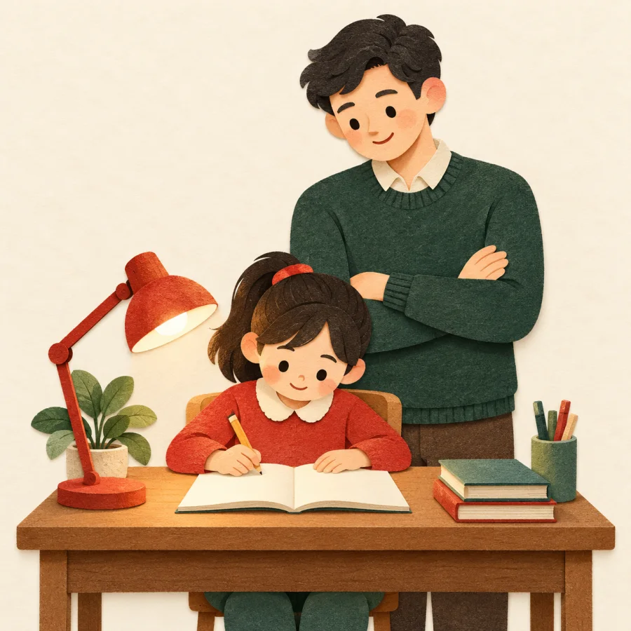 An adult stands behind a child doing homework