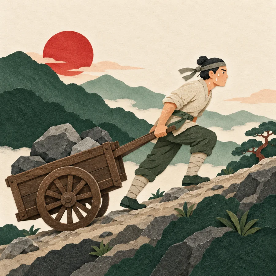 A person pulls a heavy cart up a steep path