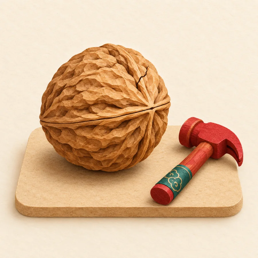 A walnut with a small hammer beside it