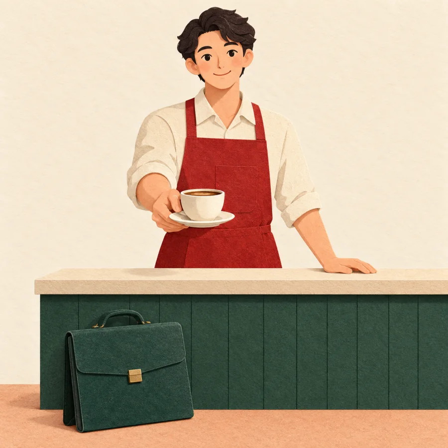 A person in a red apron carries a cup of coffee
