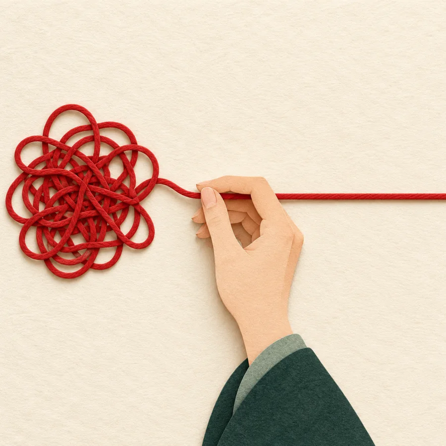 A tangled red string beside a single straight line