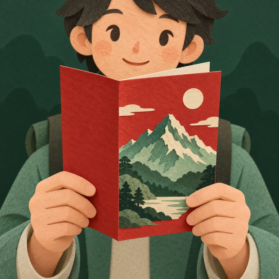 A person holds a folded brochure with a mountain picture