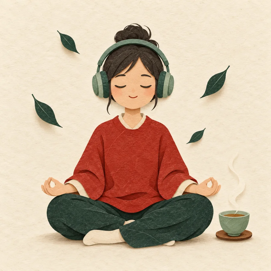 A person with closed eyes, headphones and a cup of tea