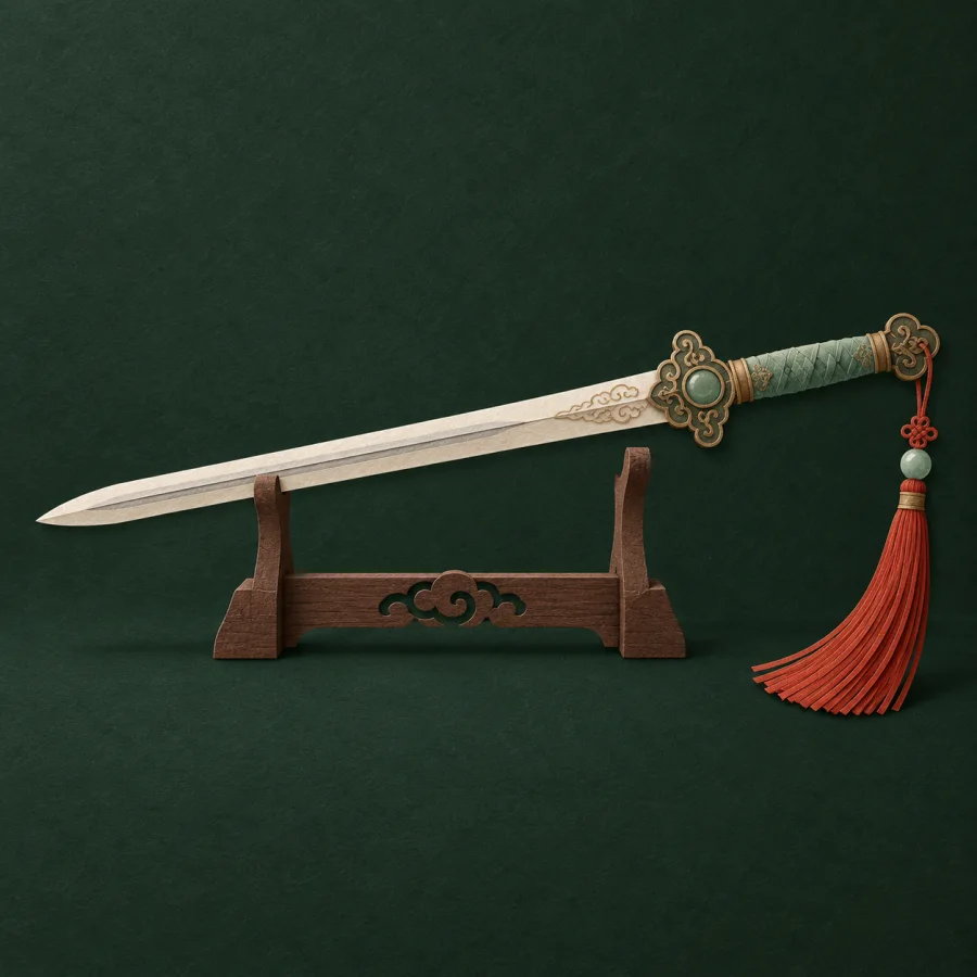 An ancient sword with a red tassel on a stand