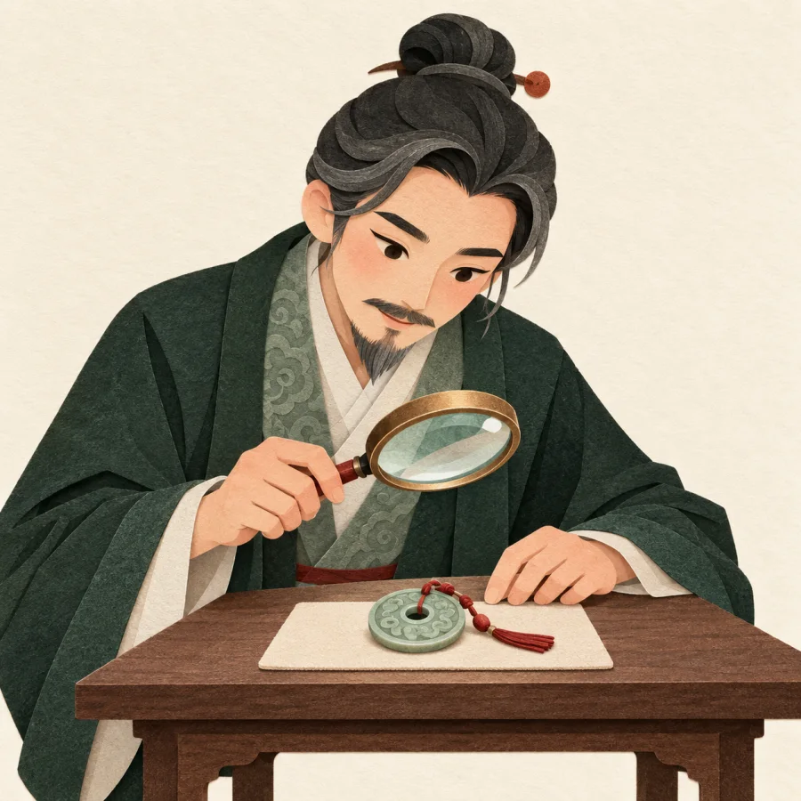 An expert examines a jade pendant with a magnifier