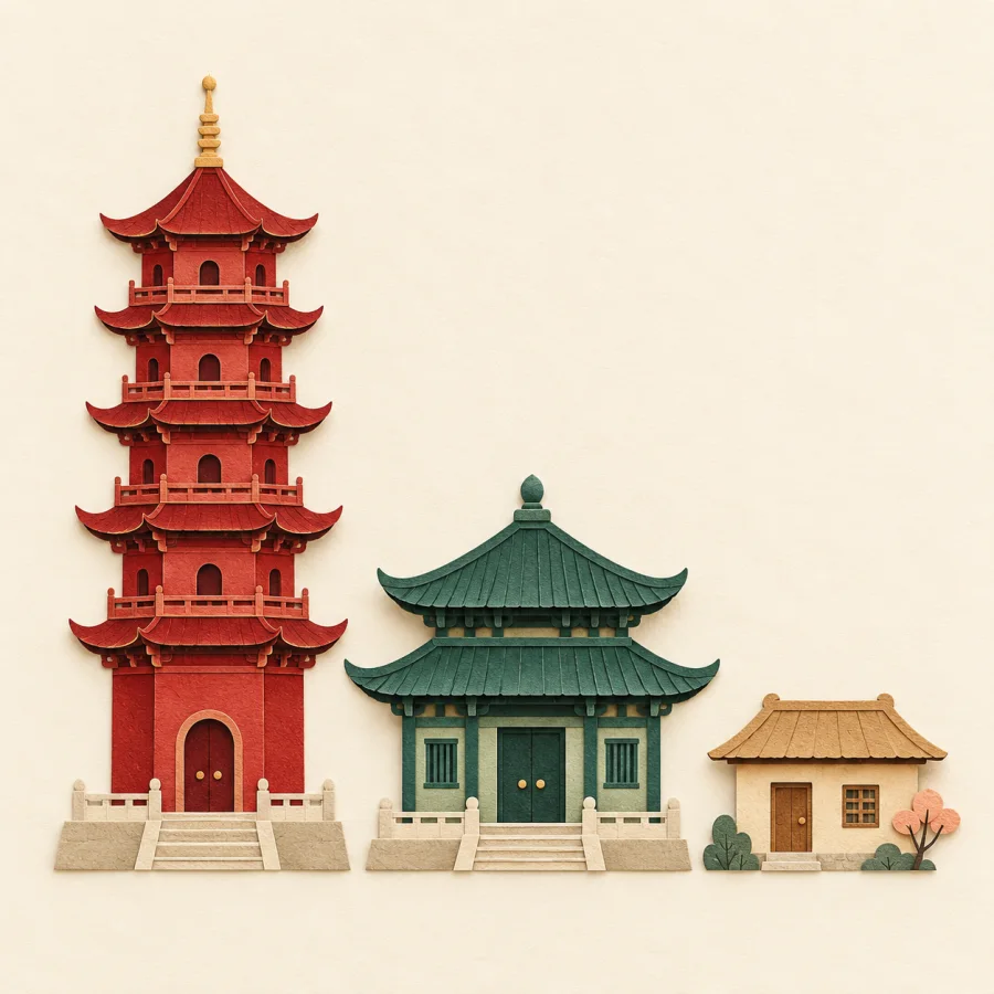 Three buildings of different heights in a row