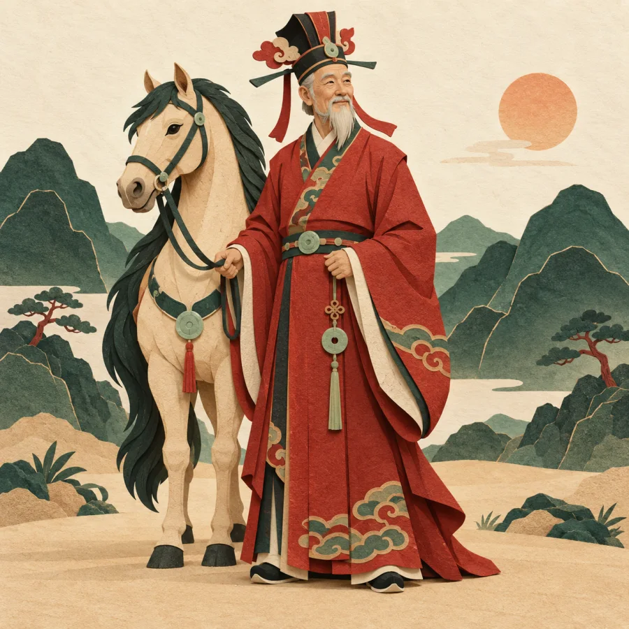 An older person in a red robe stands beside a horse