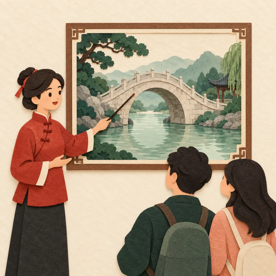 A guide points at a large picture of a stone bridge