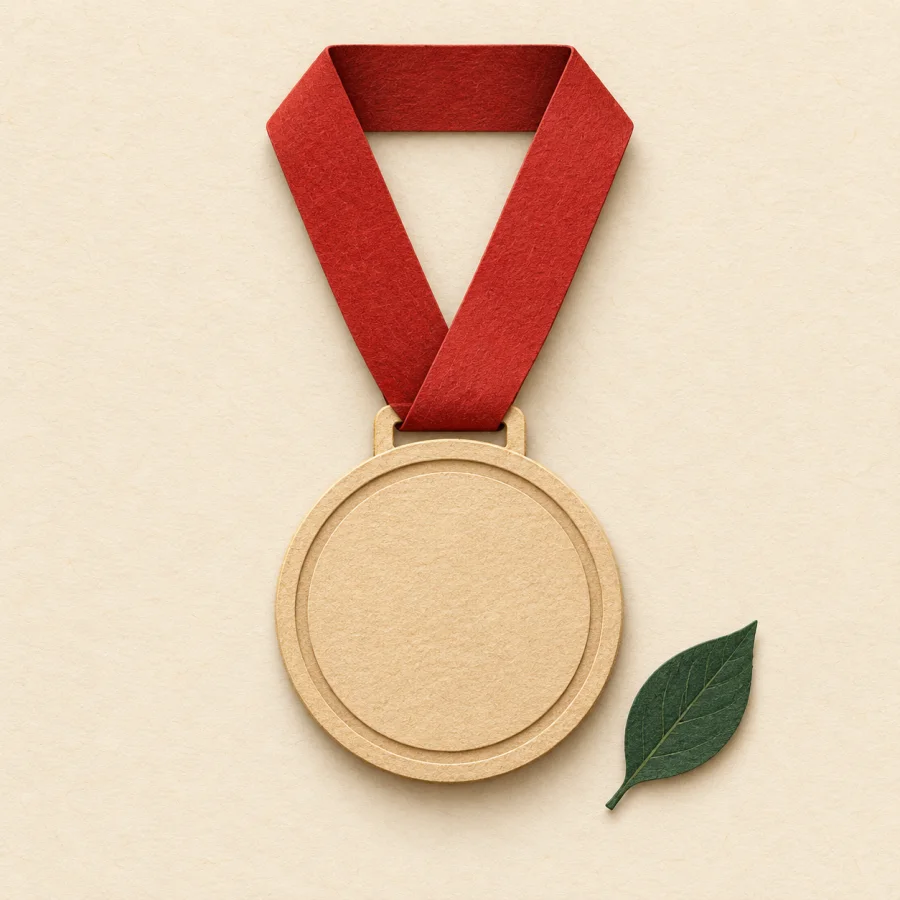 A round medal on a red ribbon