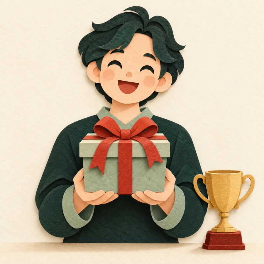 A person holds a ribbon-wrapped gift box beside a small trophy cup