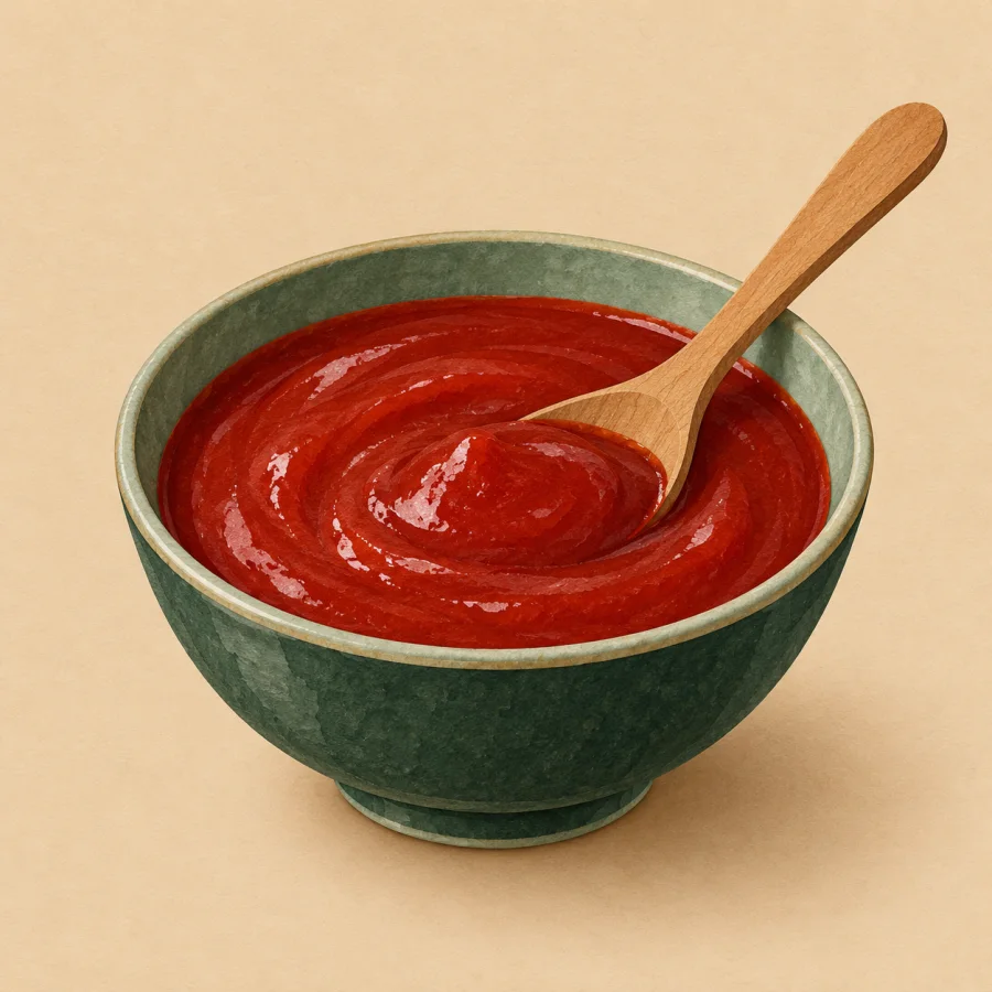 A ceramic bowl of thick dark red sauce with a spoon