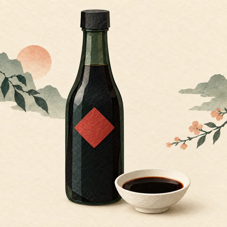 A bottle of dark sauce beside a small dish
