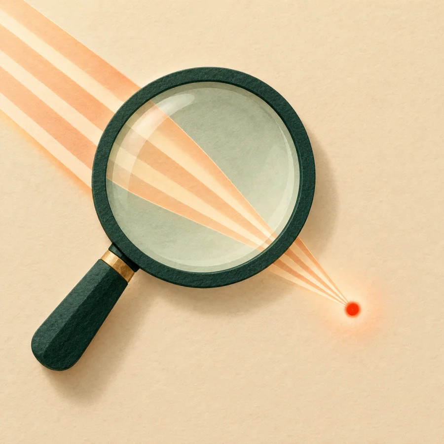Rays of light converge on one bright point through a magnifying glass