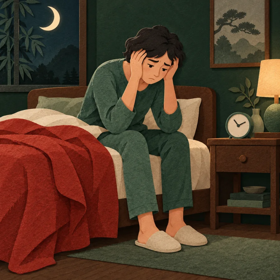 A person sits awake on a bed at night, holding their head