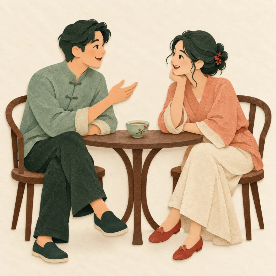 Two people sit facing each other at a table, talking