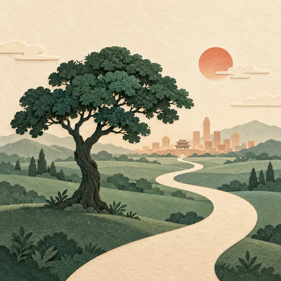 A city skyline far away, with a green field and road in front
