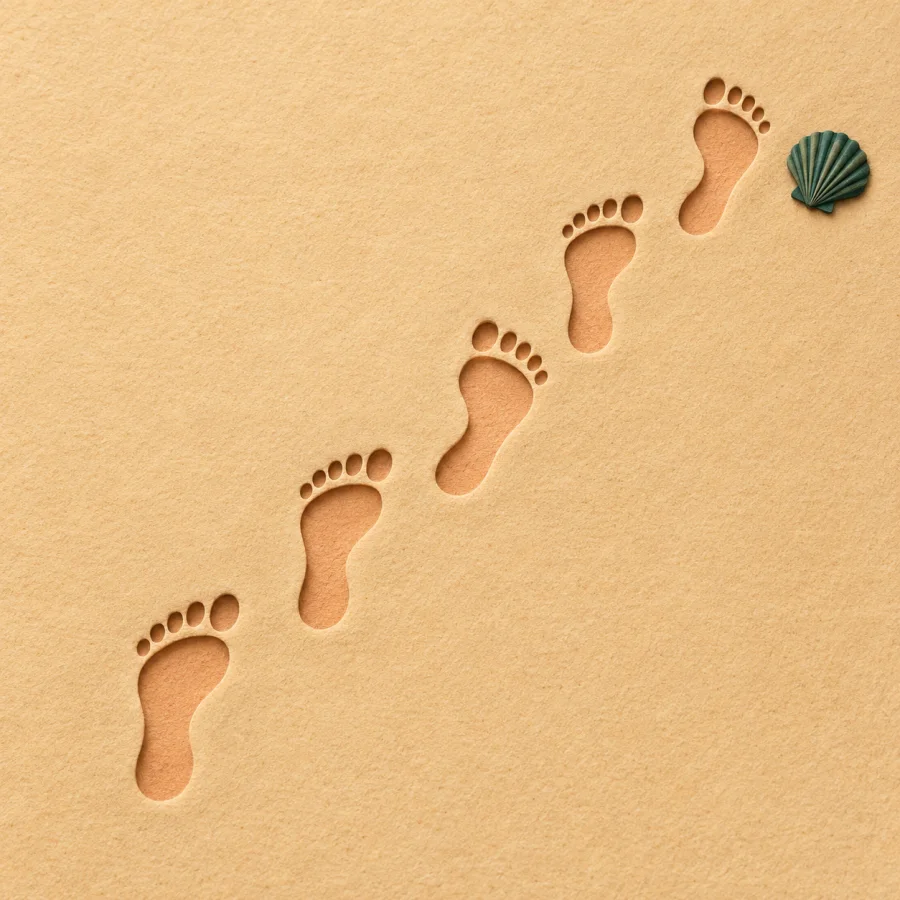 A line of footprints stretches across the sand