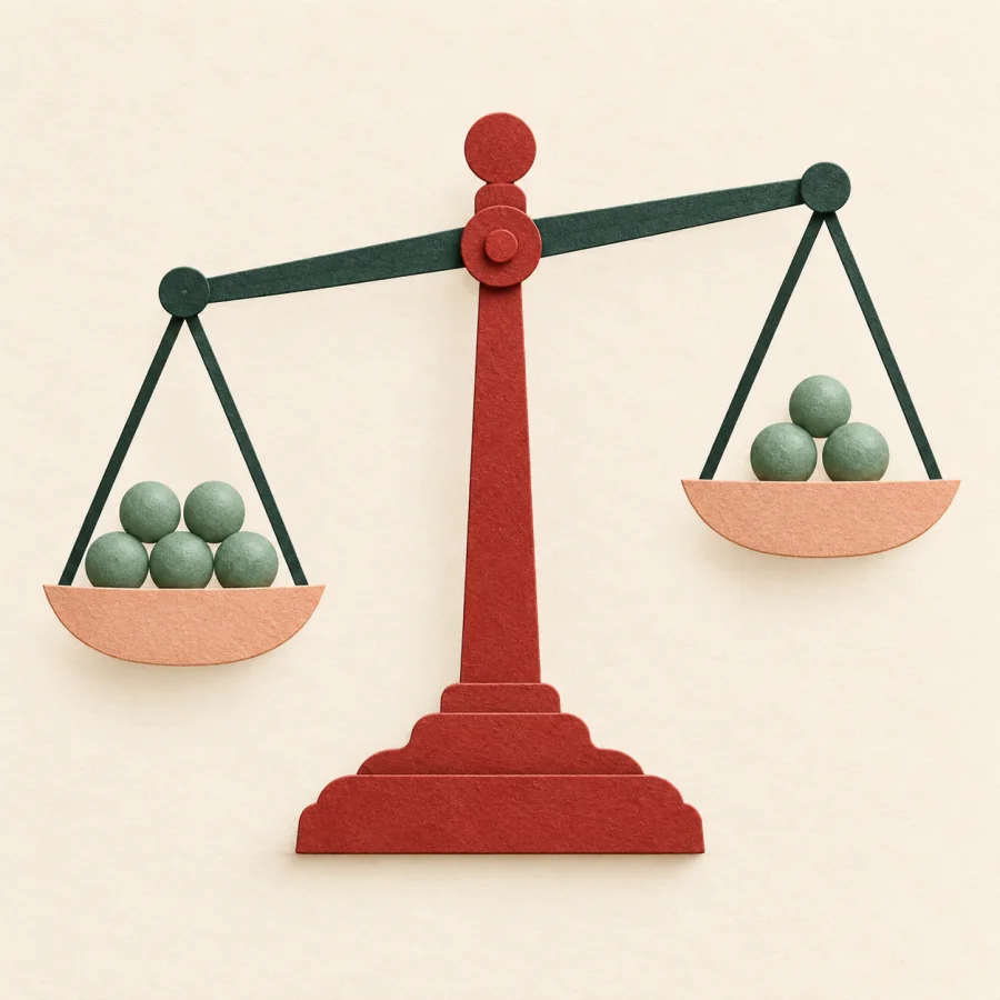 A balance scale with one pan slightly lower than the other