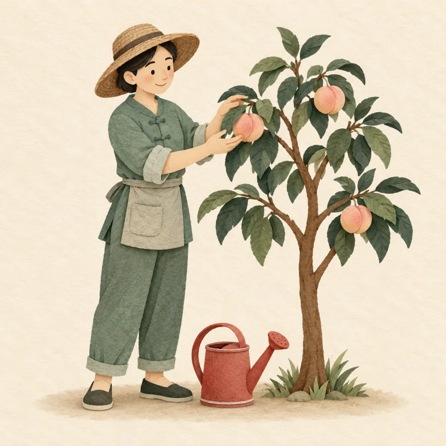 A gardener looks at a tree that has ripe fruit