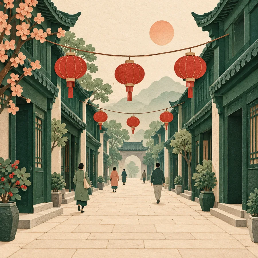 A lively street with lanterns and passers-by