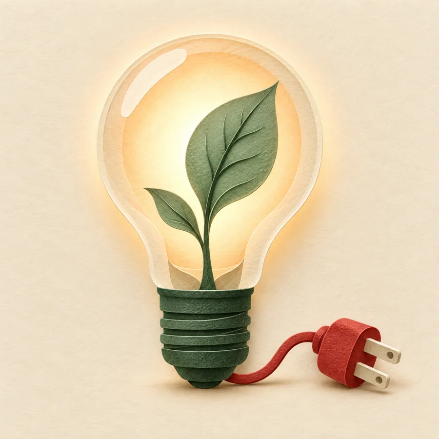 A light bulb with a green leaf inside