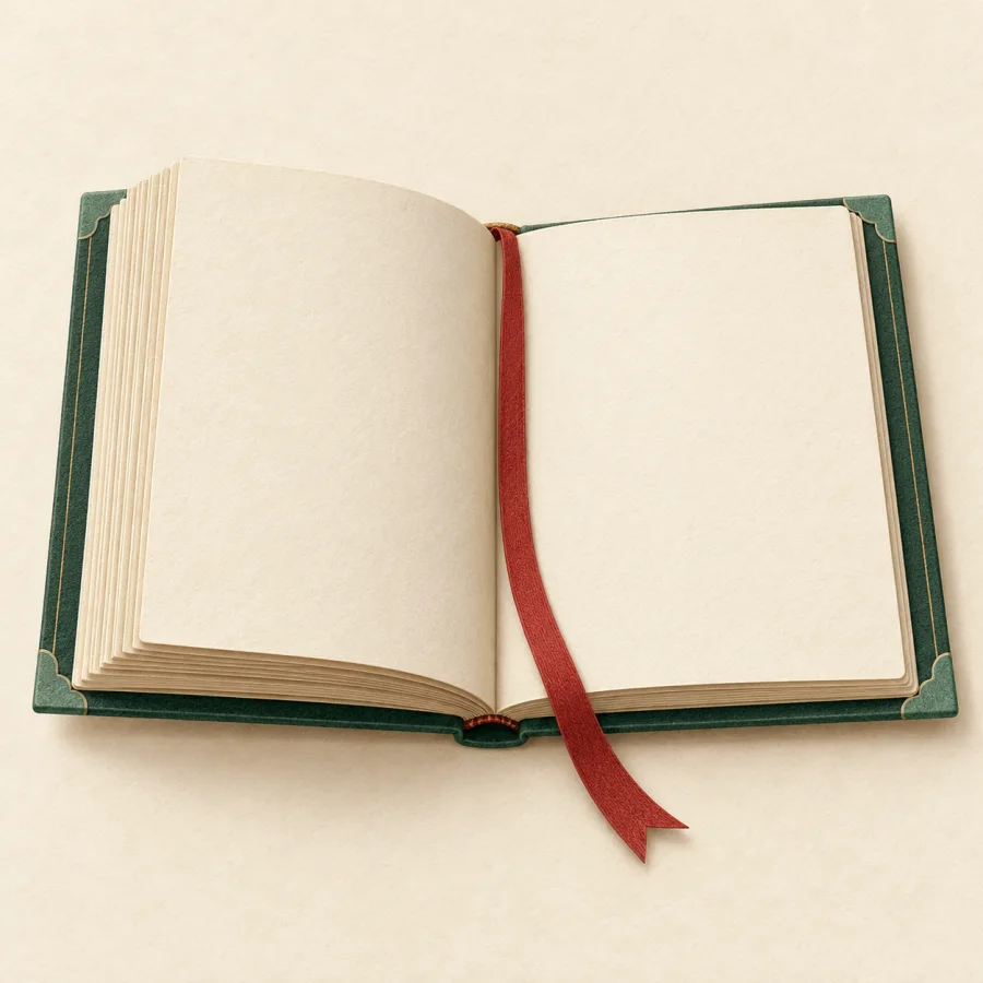 A book open at its last page with a bookmark beside it