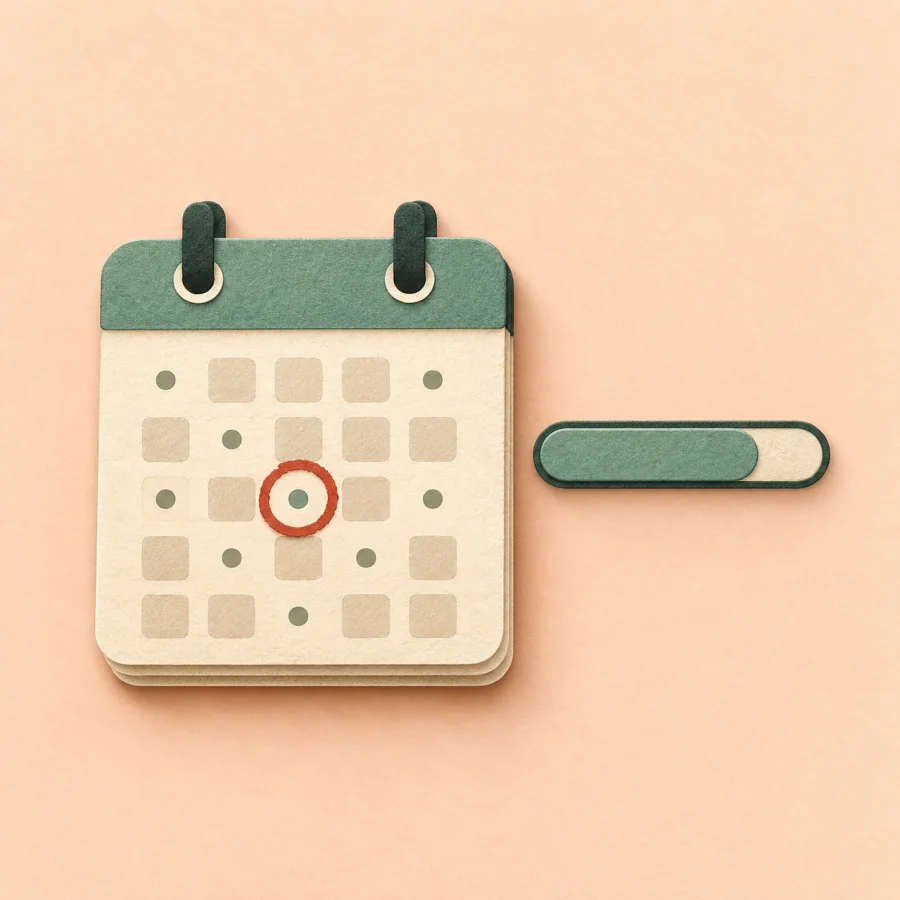 A calendar with a marked date beside a progress bar