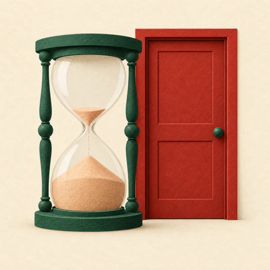 An hourglass nearly empty beside a closed door