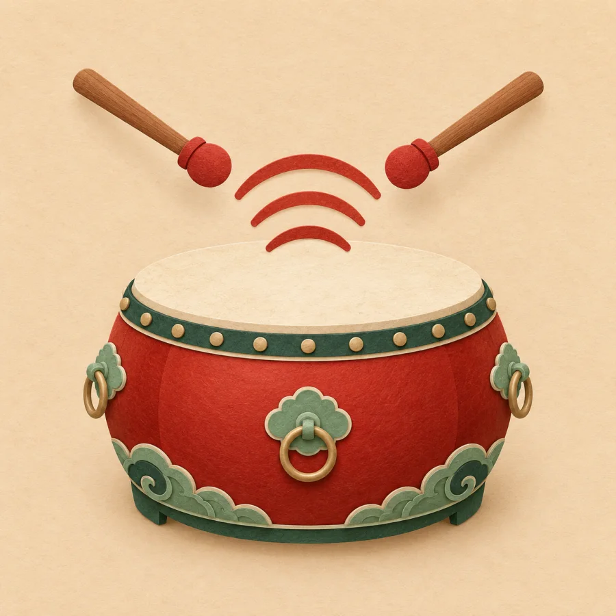 A drum with sticks and wavy lines beside it