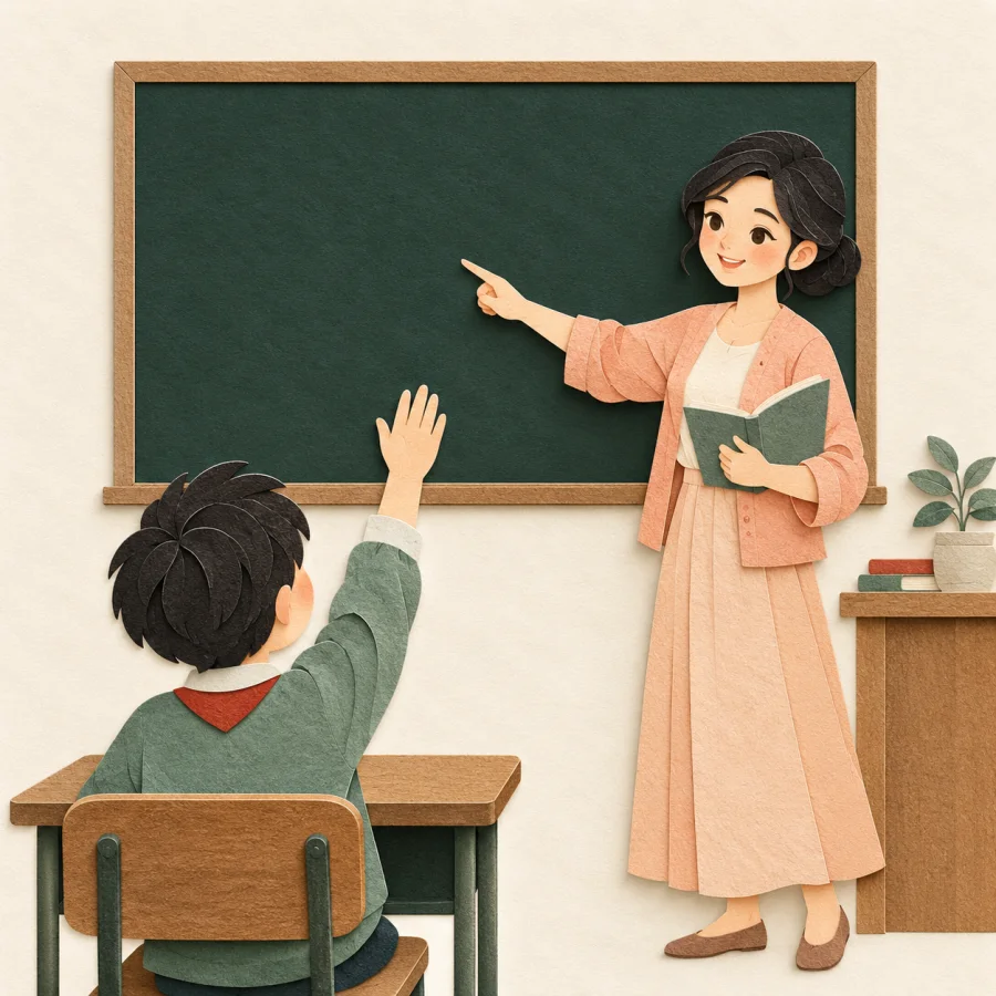 A teacher at a board answers a student with a raised hand