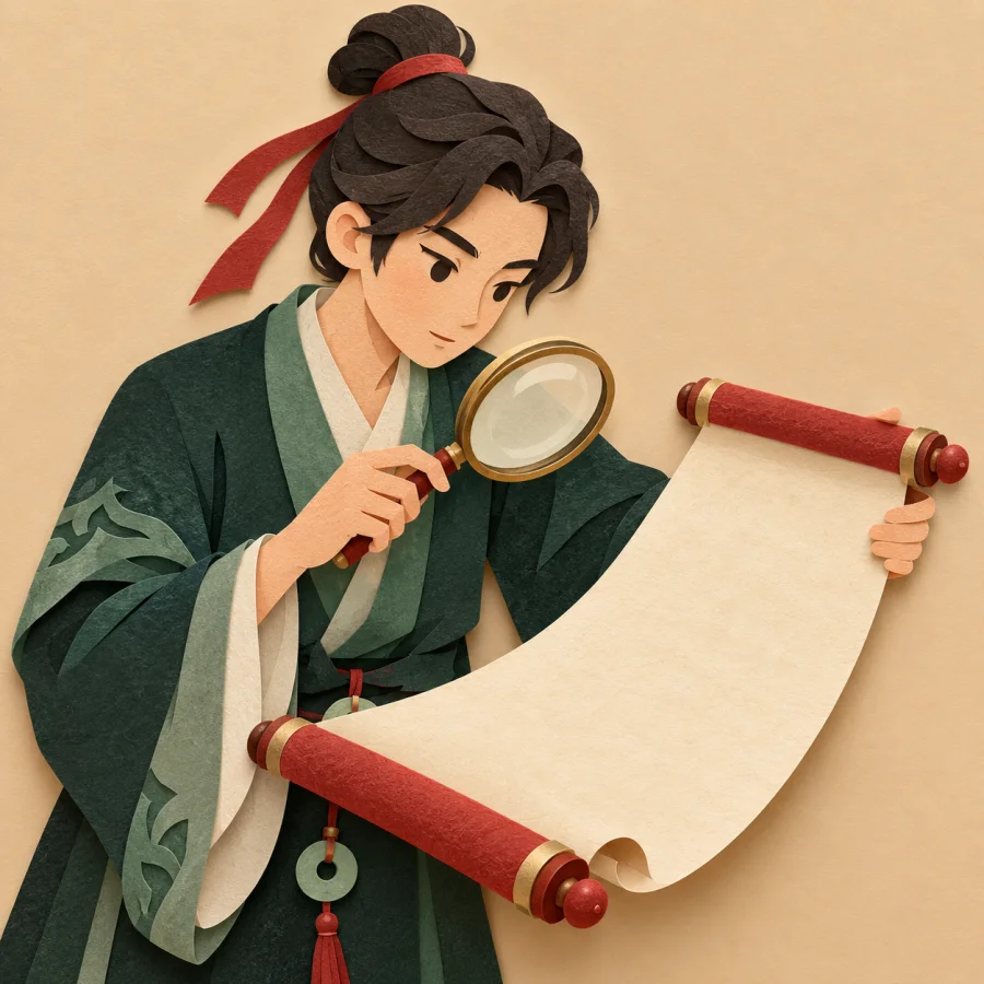A person studies a scroll through a magnifying glass