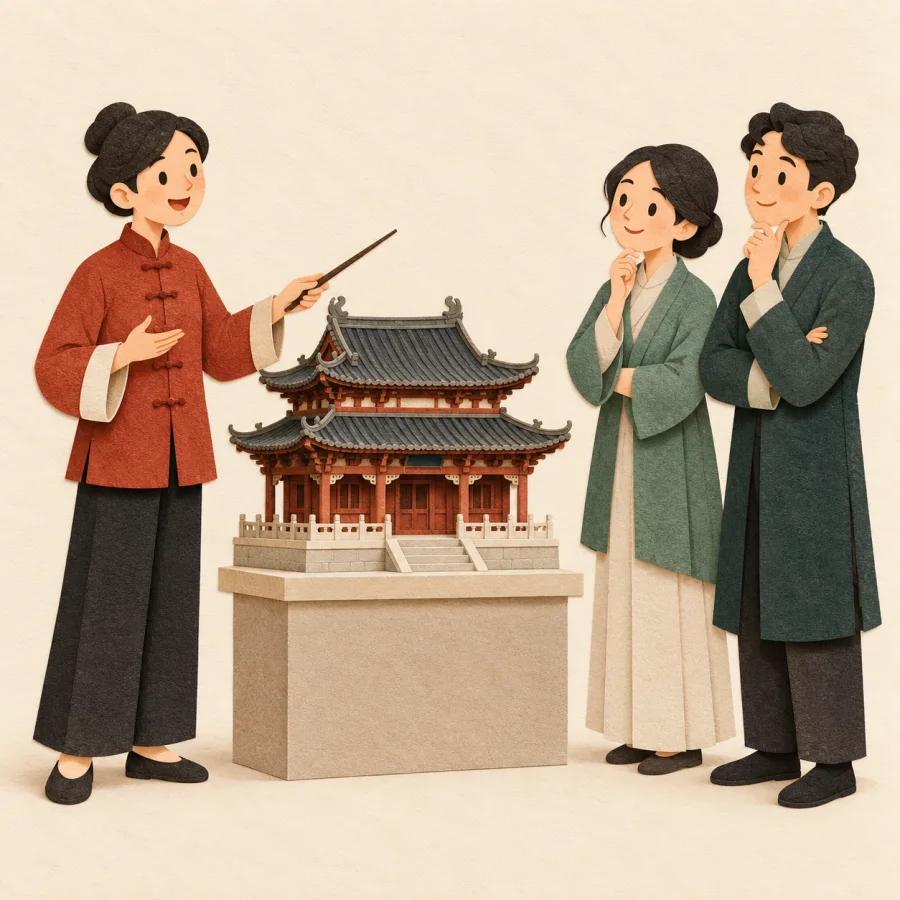 A guide with a pointer shows a model building to a group