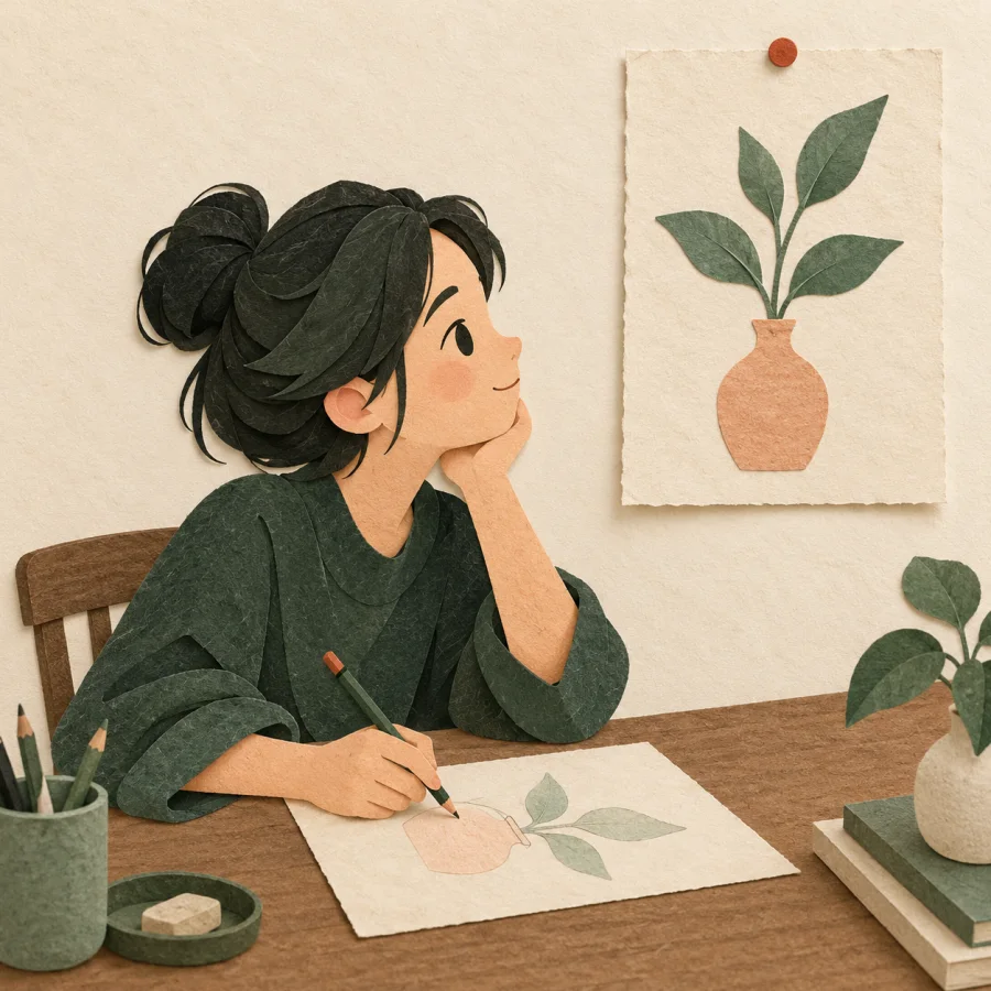 A person looks at another's plan while drawing their own