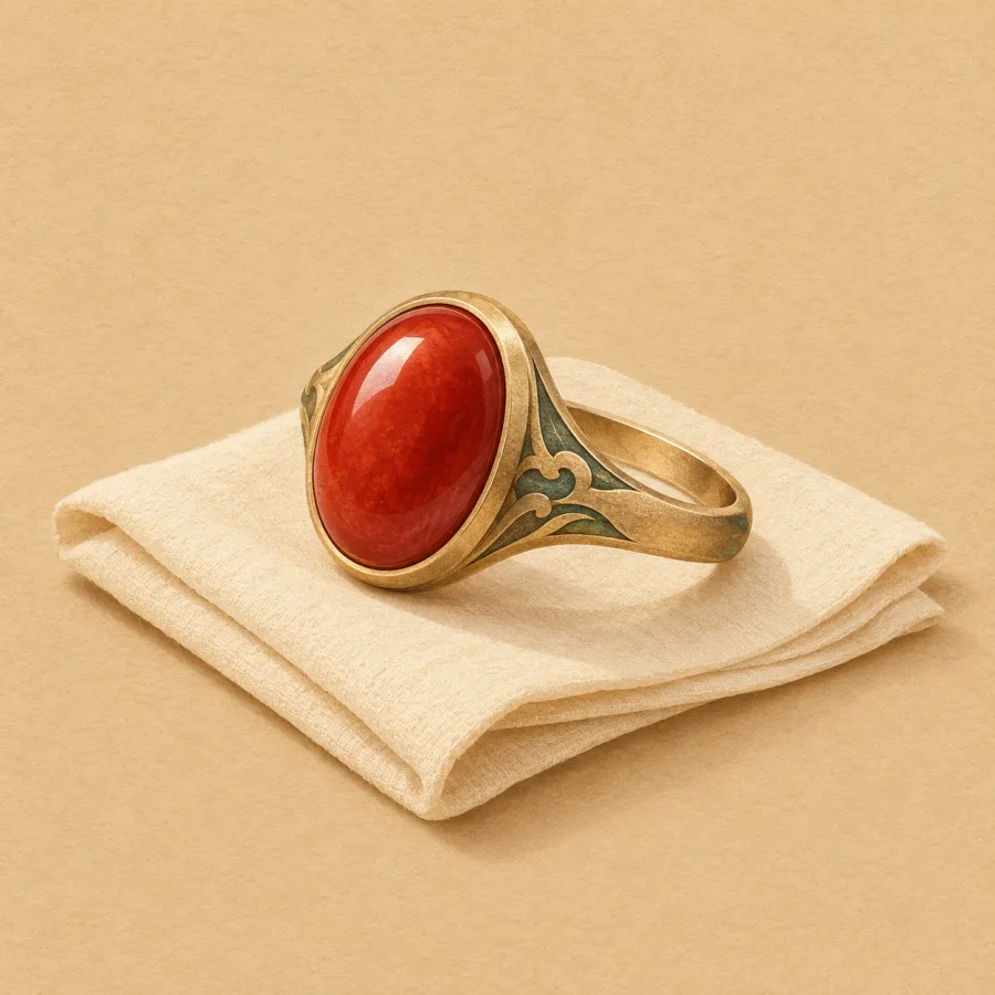 A gold ring with a red stone lies on a cloth