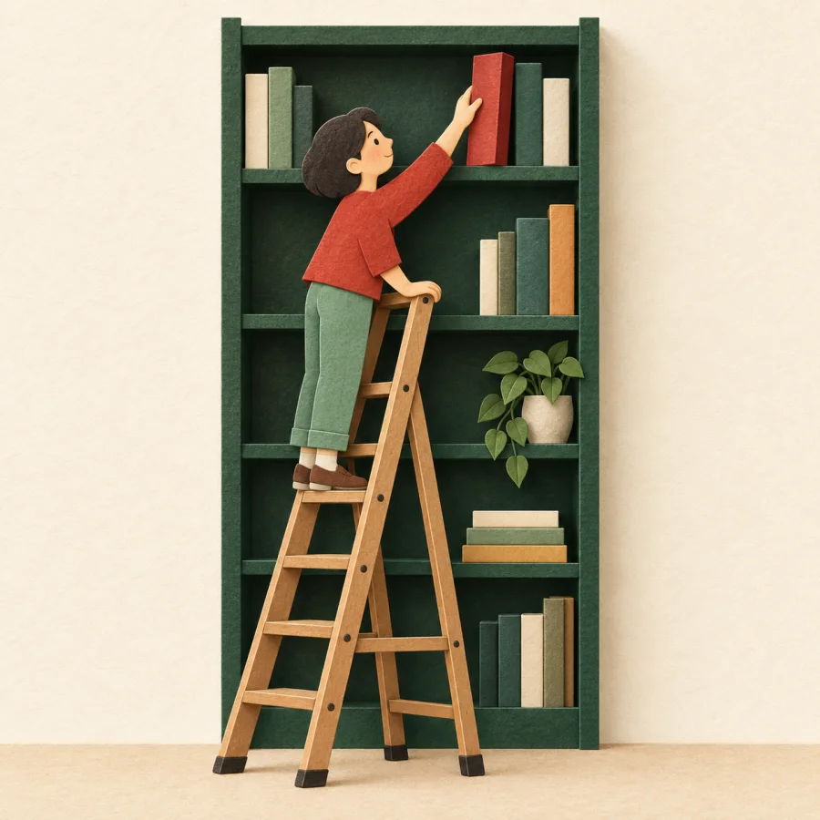 A person on a ladder reaches a book on a high shelf