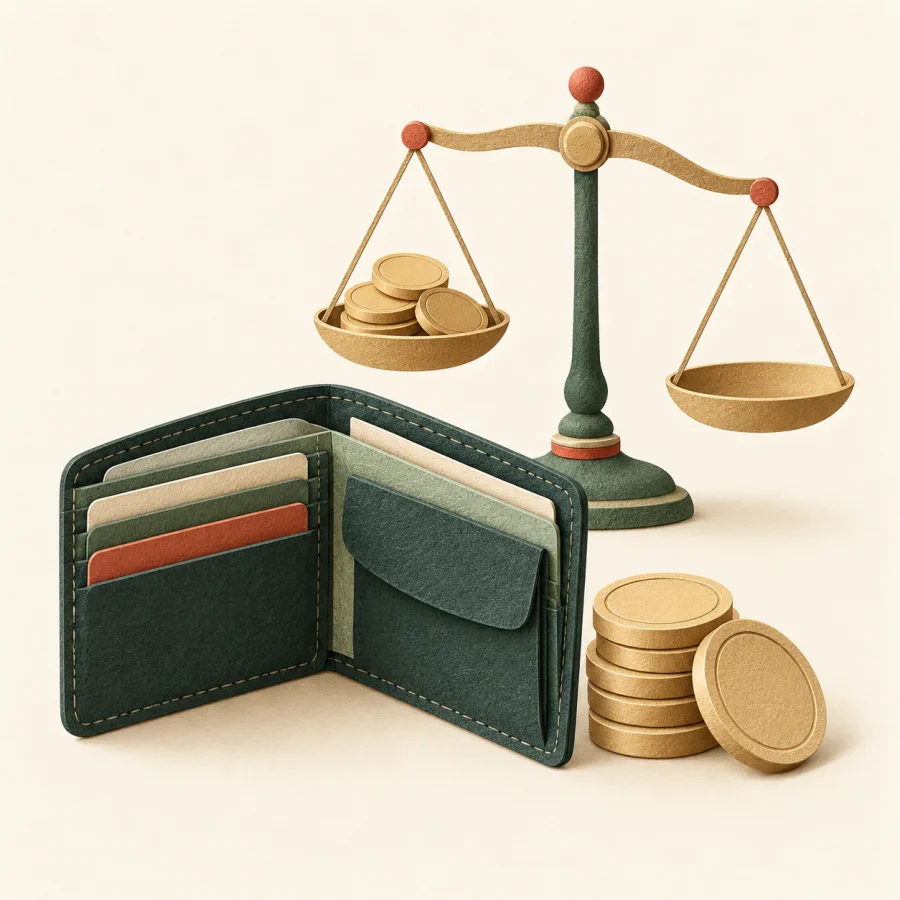 A wallet beside a neat stack of coins