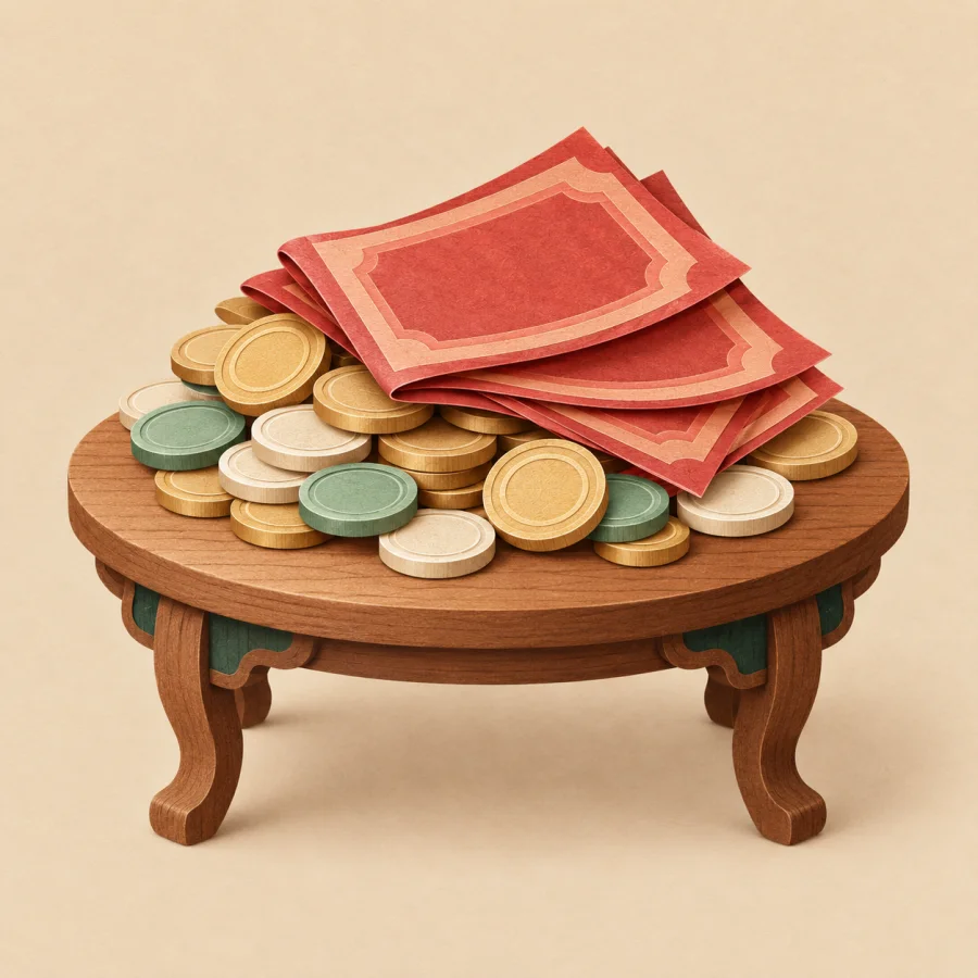A heap of coins and paper notes on a table