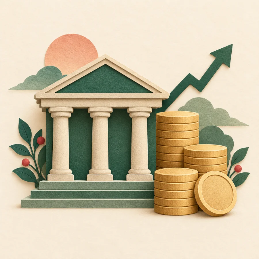 A bank building with columns and a stack of coins in front